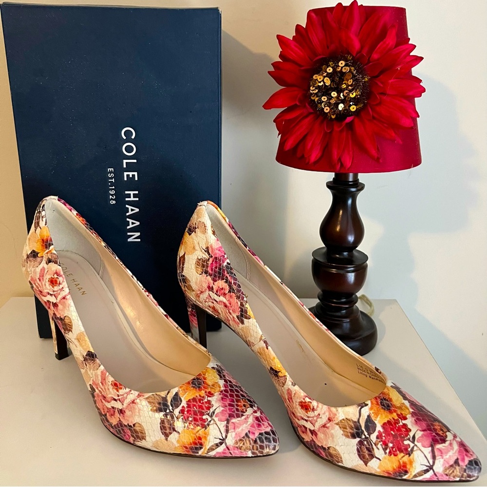 COLE HAAN Abigale Grand Floral Print Leather Pump, Pretty Pink/Cream, Si…